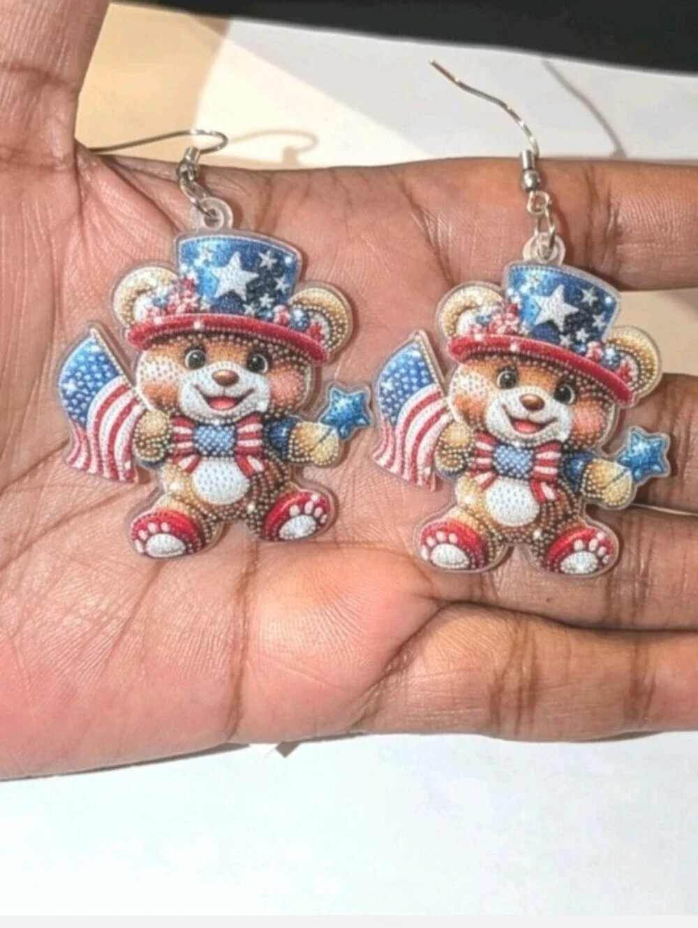 Patriotic Teddy Bear Dangle Earrings - Red White Blue